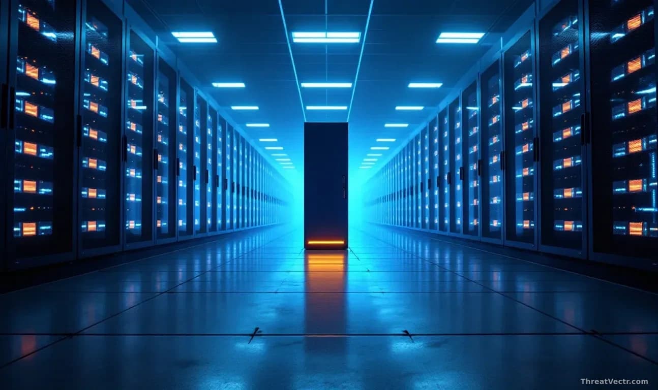 Illustration: A vast server room photographed from floor level looking toward rows of illuminated racks