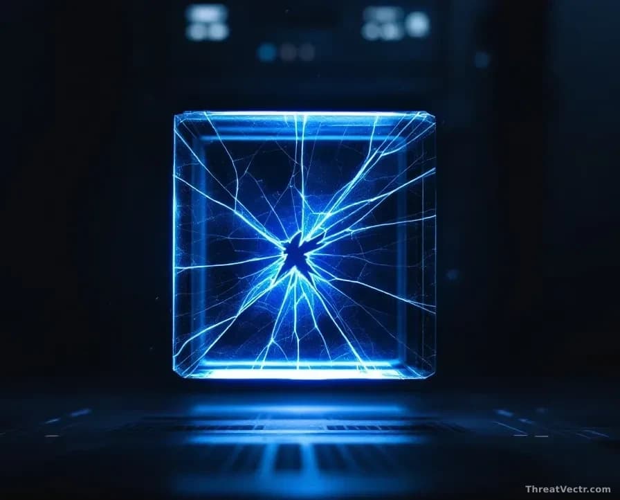 Illustration: a cracked transparent glass cube suspended above a dark server rack