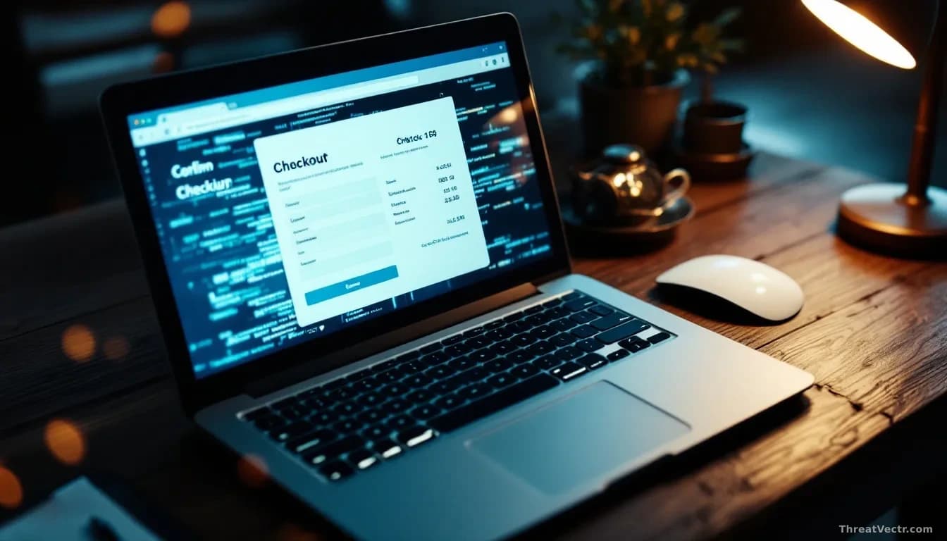 Illustration: a laptop on a dark wooden desk showing a generic online checkout form
