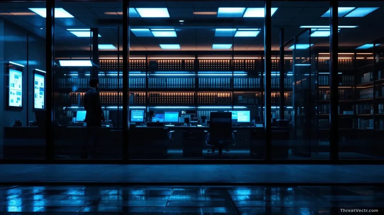 Illustration: a polished corporate law office interior at night, seen through large glass windows from outside