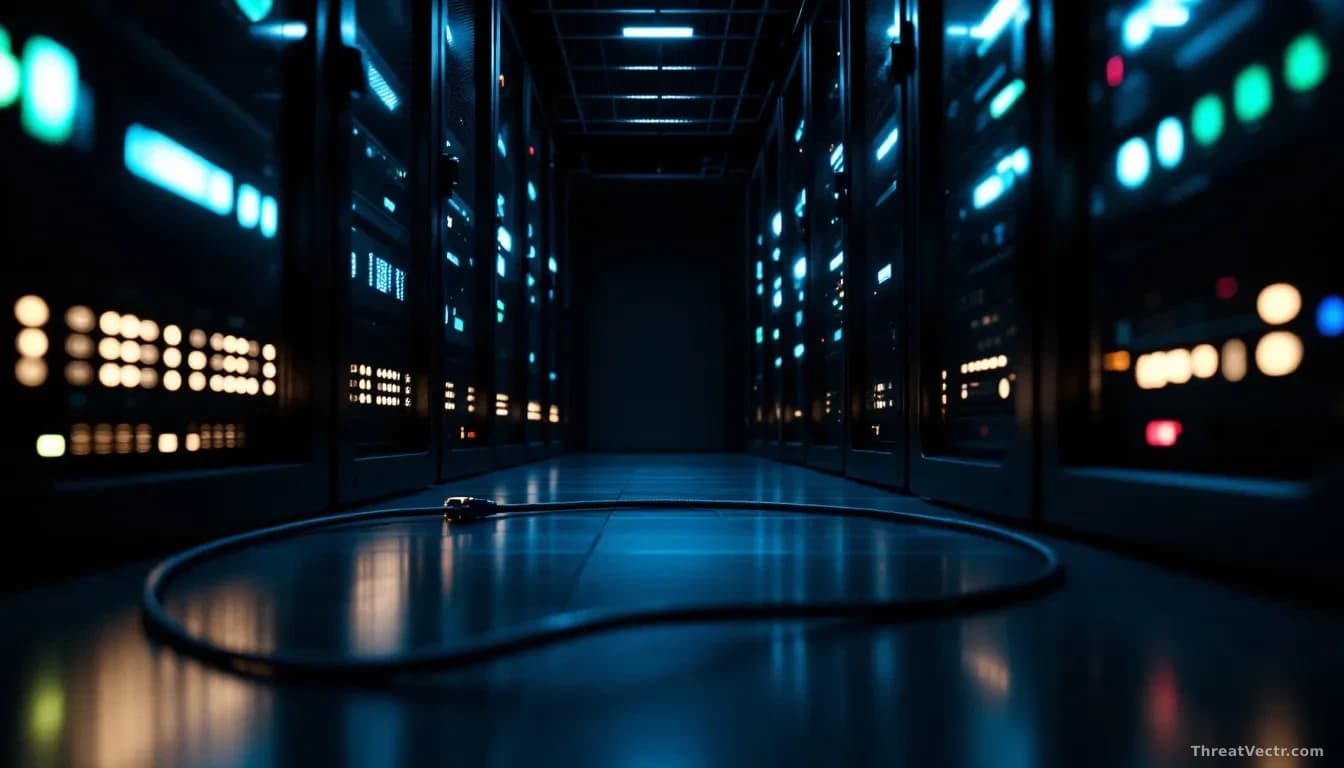 Illustration: a dim server room with one rack bay dark and unpowered while surrounding racks glow with blue status LEDs