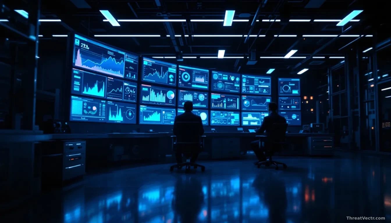 Illustration: a dim industrial control room, rows of HMI monitors glowing blue with abstract SCADA dashboards and trend