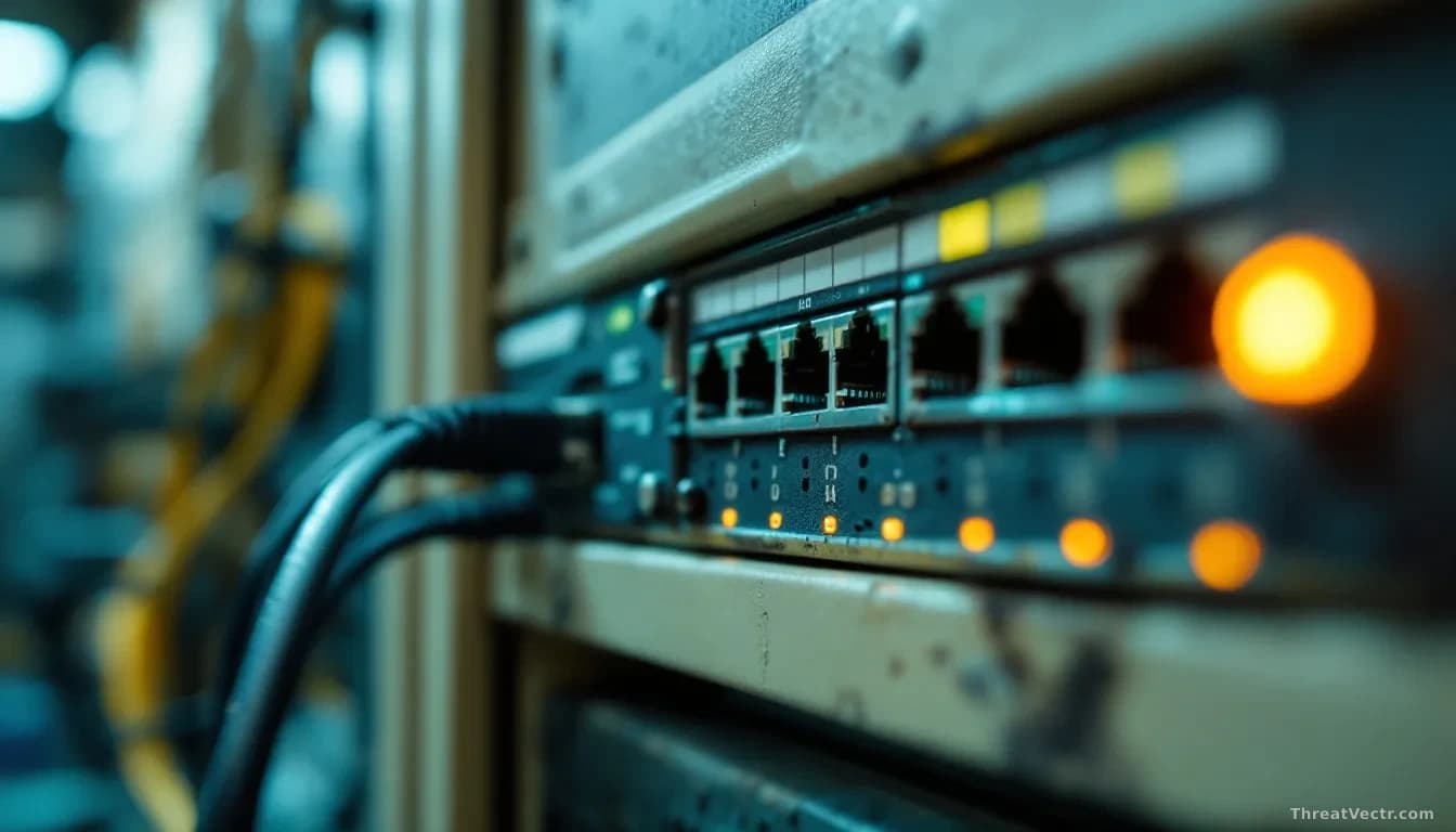Illustration: a dusty industrial network switch mounted inside a beige equipment cabinet, a single amber status LED glowing