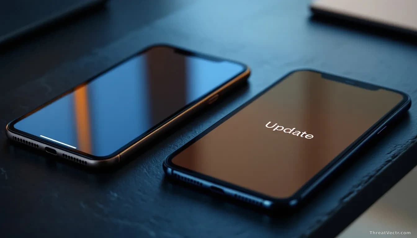 Illustration: an older iPhone and an iPad lying face up on a dark slate desk