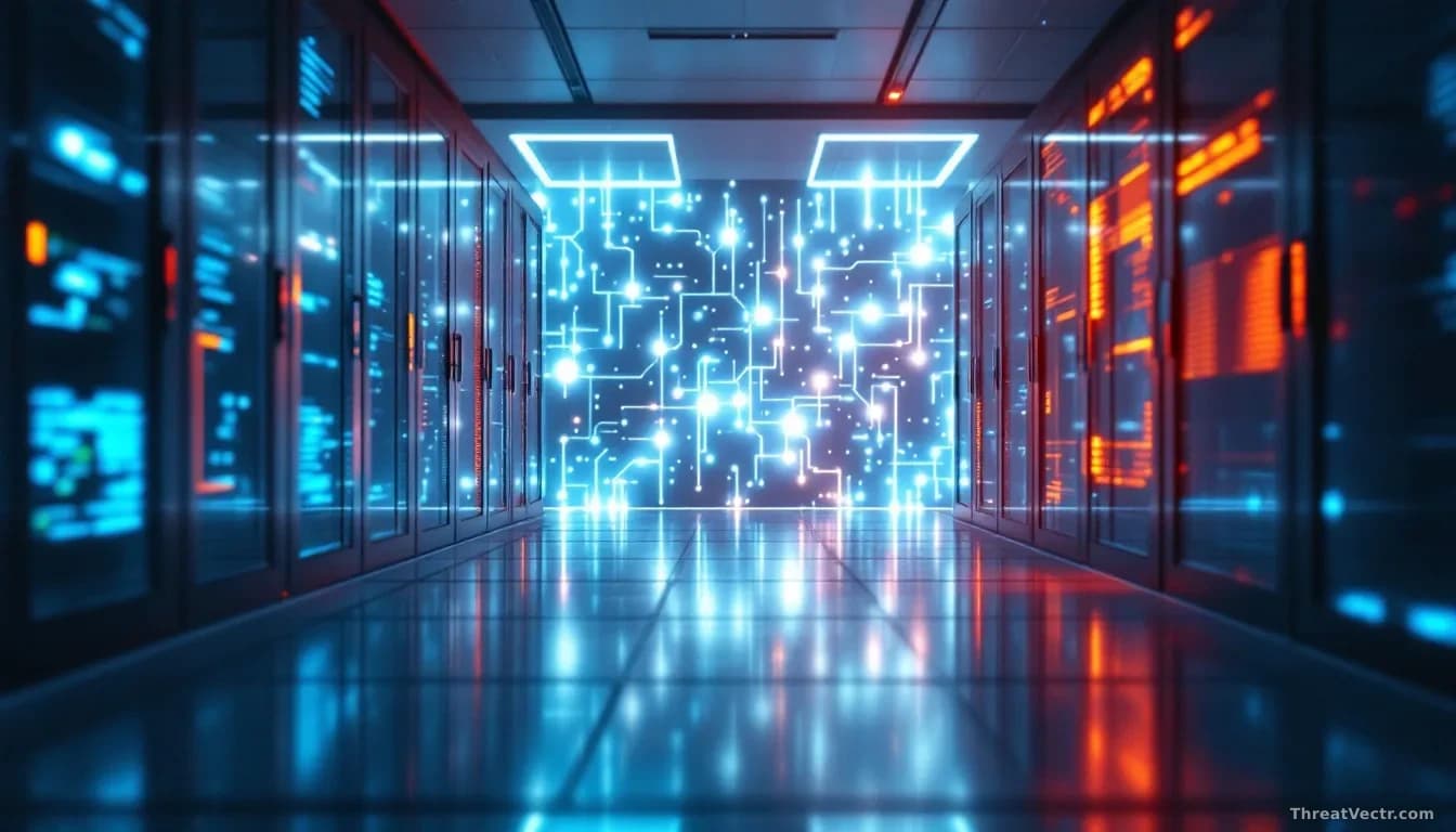 Illustration: a dim server room with pale blue indicator lights reflecting off polished floor