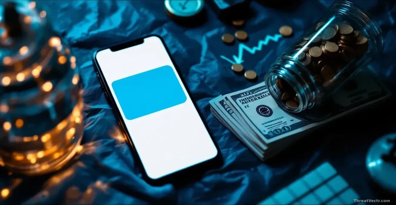 Illustration: a dim desk with an unmarked smartphone showing an anonymous chat bubble