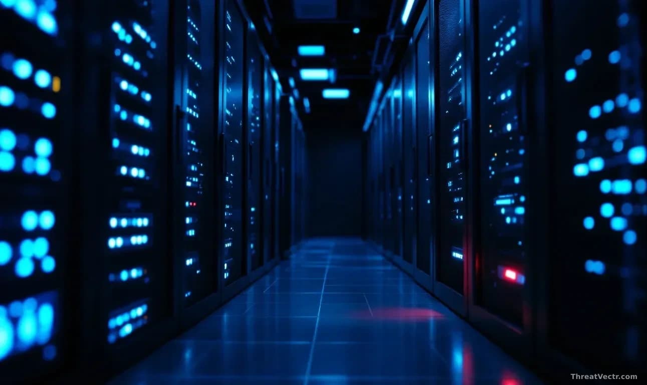 Illustration: a dimly lit enterprise server room with rows of dark racks, cool blue status LEDs glowing