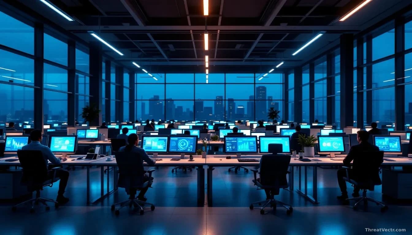Illustration: an empty modern open-plan office at dusk
