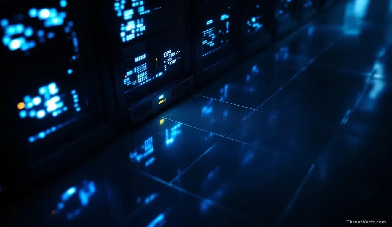 Illustration: a server rack with blue status LEDs reflecting on a dark polished floor