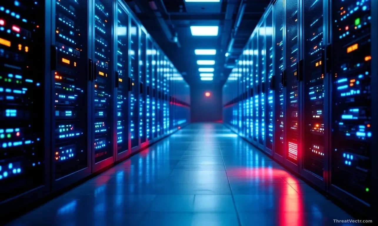 Illustration: A dimly lit server room corridor, rows of blinking rack-mounted servers receding into the distance