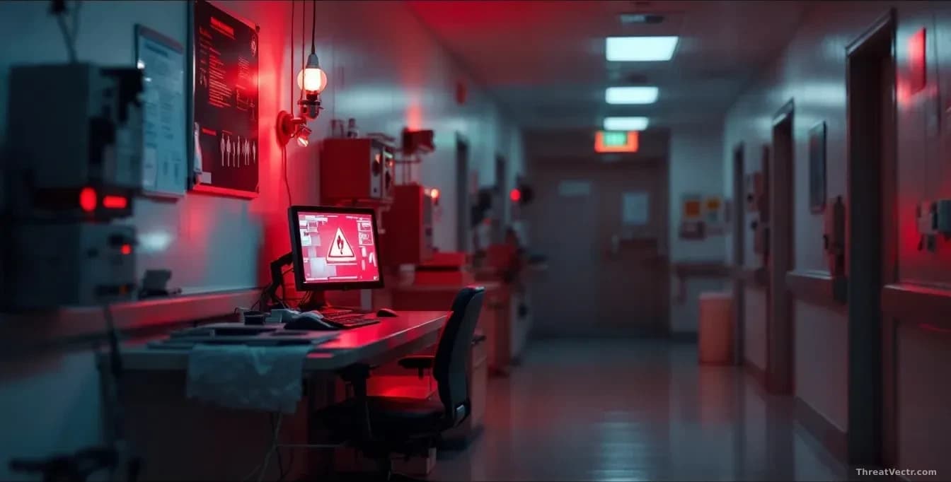 Illustration: A quiet hospital corridor at night, empty nurses station bathed in cool fluorescent light