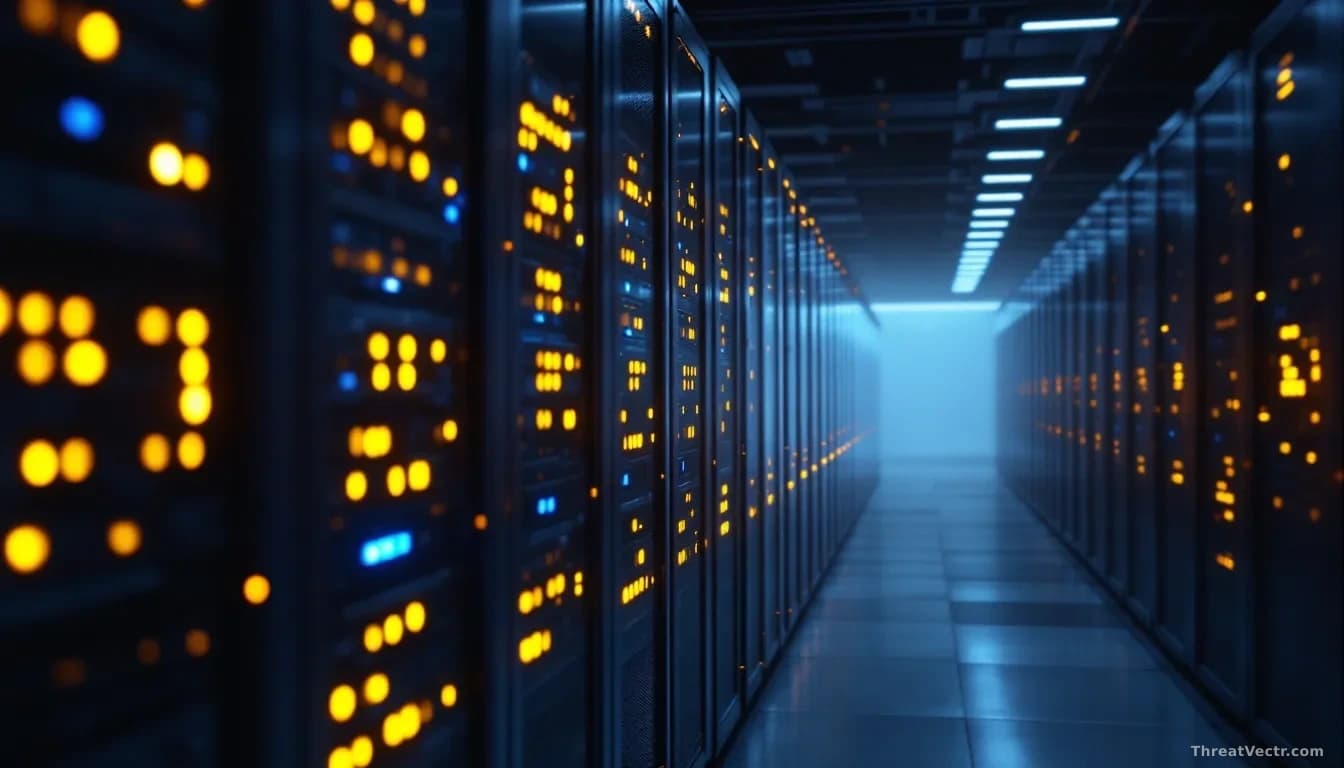 Illustration: a dim server room aisle with rows of rack-mounted servers glowing with faint amber status LEDs