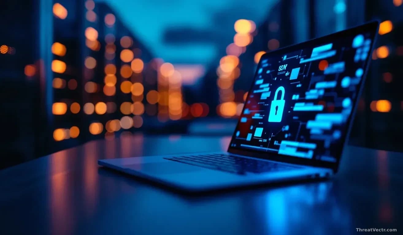 Illustration: a modern office desk at dusk, a sleek laptop open and glowing with abstract blue security interface graphics