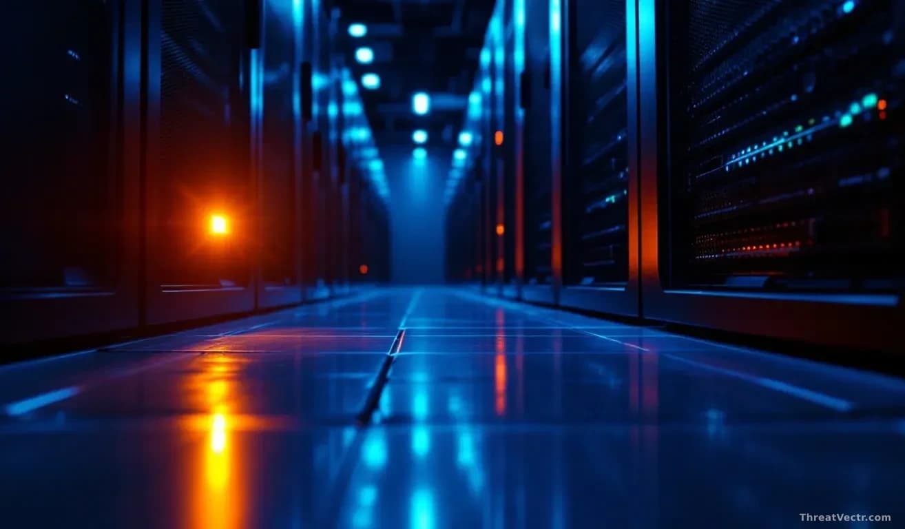 Illustration: a dimly lit server rack in a data center with a single amber warning light reflecting off polished floor tiles