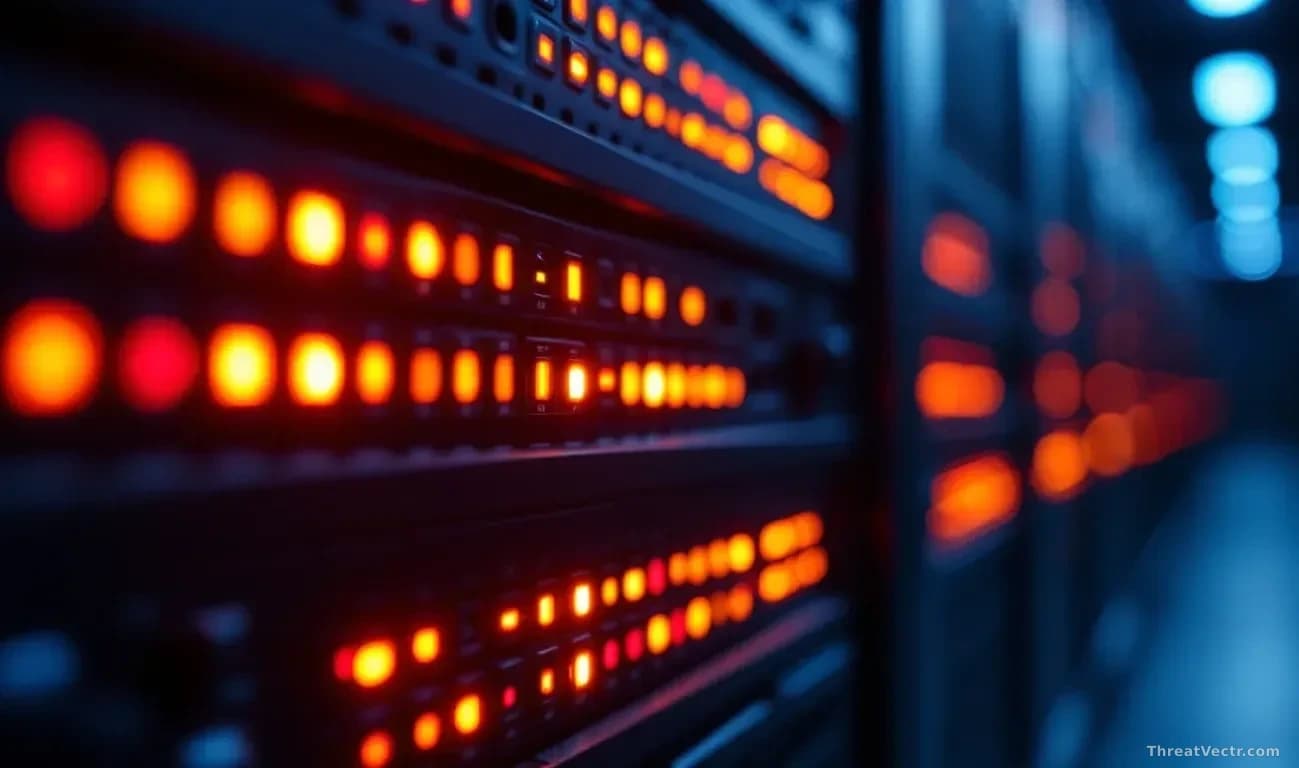 Illustration: server rack indicator lights glowing amber and red in a dark data centre