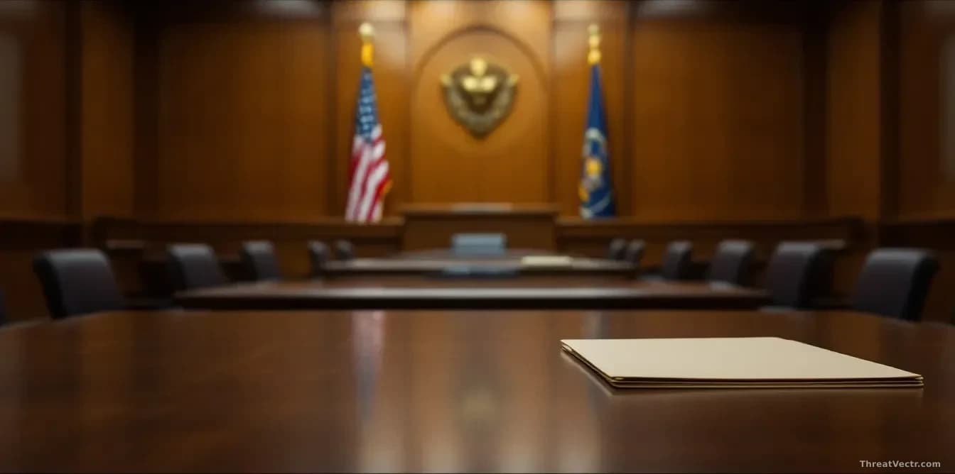 Illustration: an empty US federal courtroom bench
