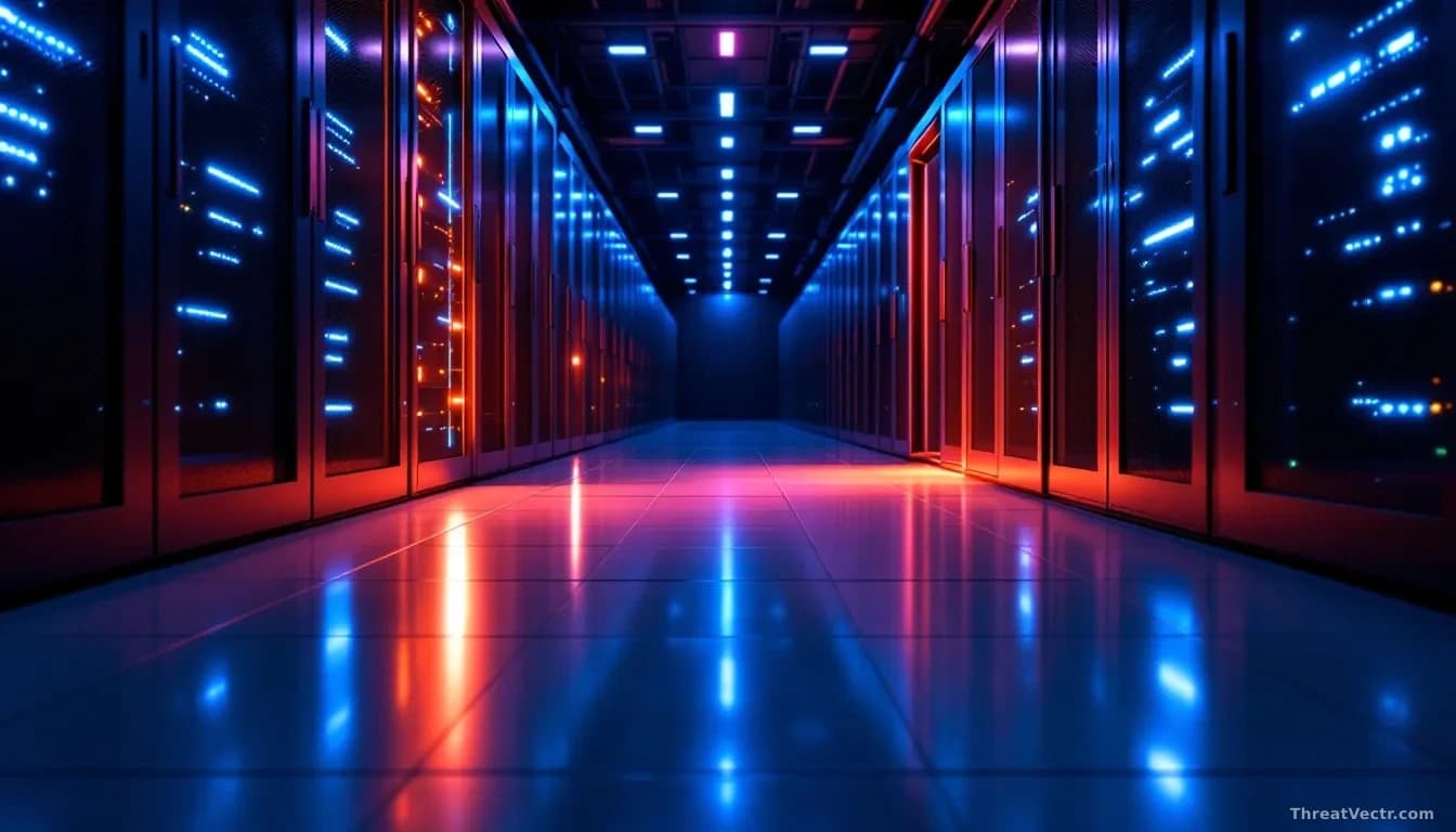 Illustration: a dimly lit server rack aisle in a data centre, blue indicator LEDs reflecting off polished floor tiles