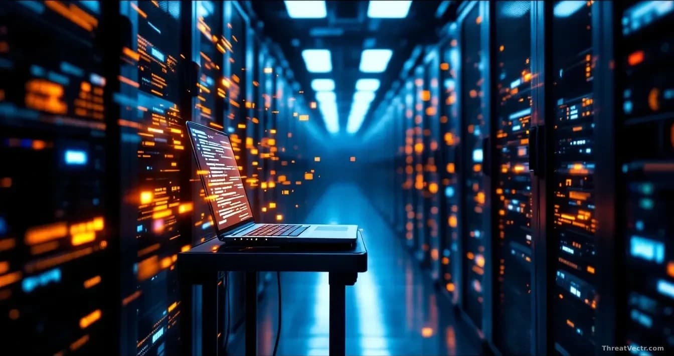 Illustration: A dim server room aisle with rack-mounted machines