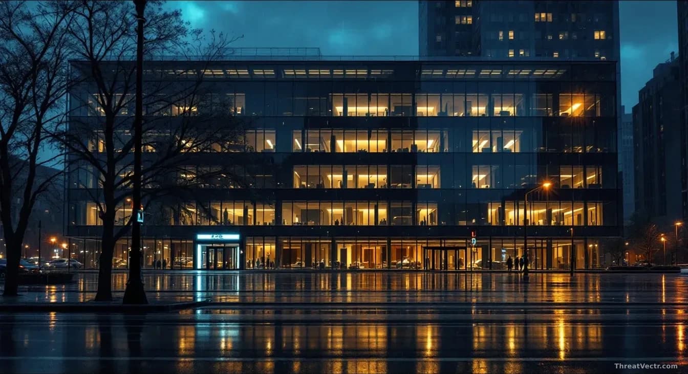 Illustration: a modern glass-and-steel law office building at night, interior lights glowing from within