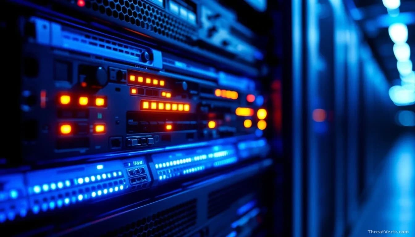 Illustration: a rack-mounted network security appliance in a dim server room, status LEDs glowing amber and red