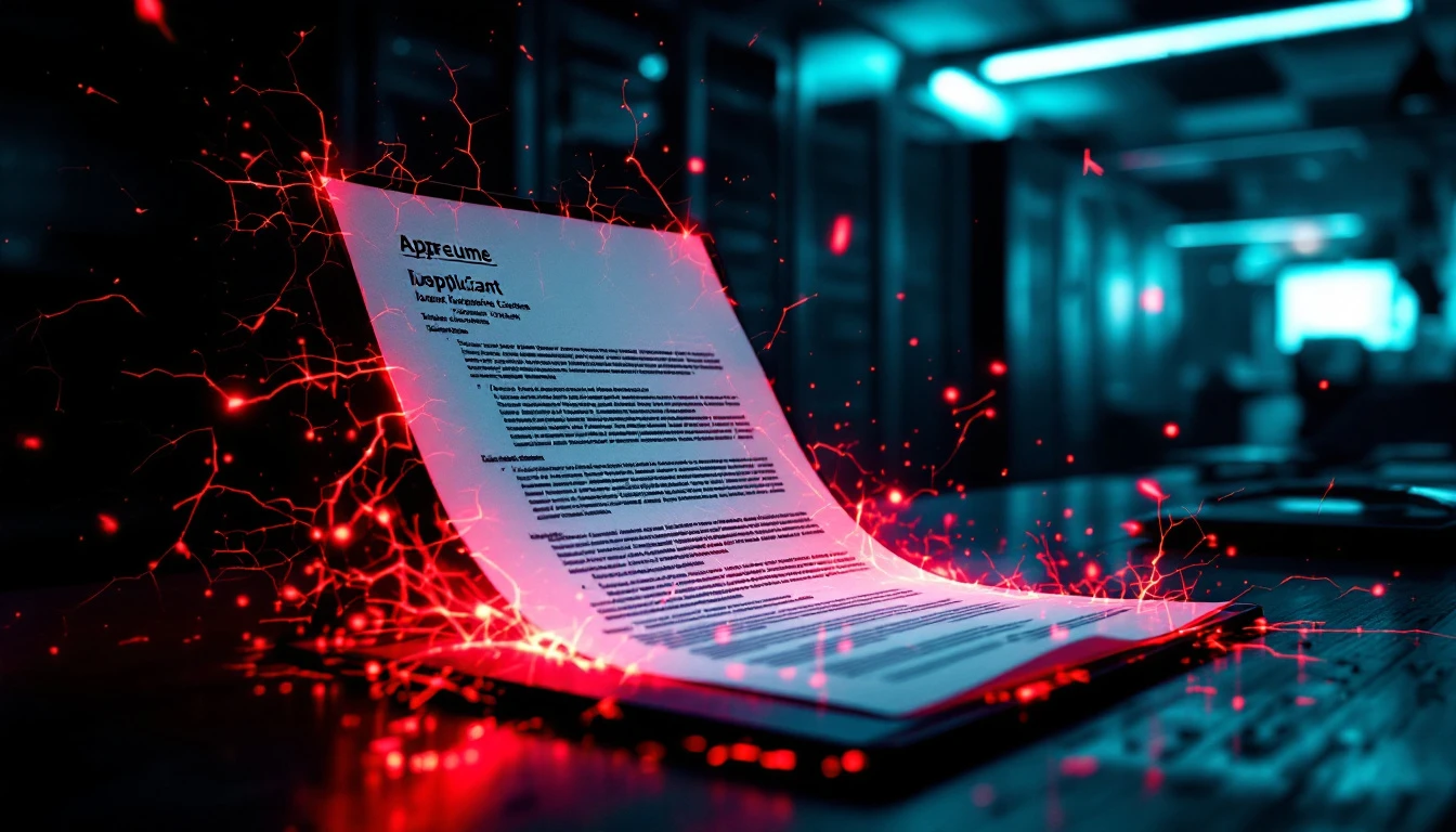 A job-applicant résumé glowing on a laptop as red malware cracks spread into the server racks behind it