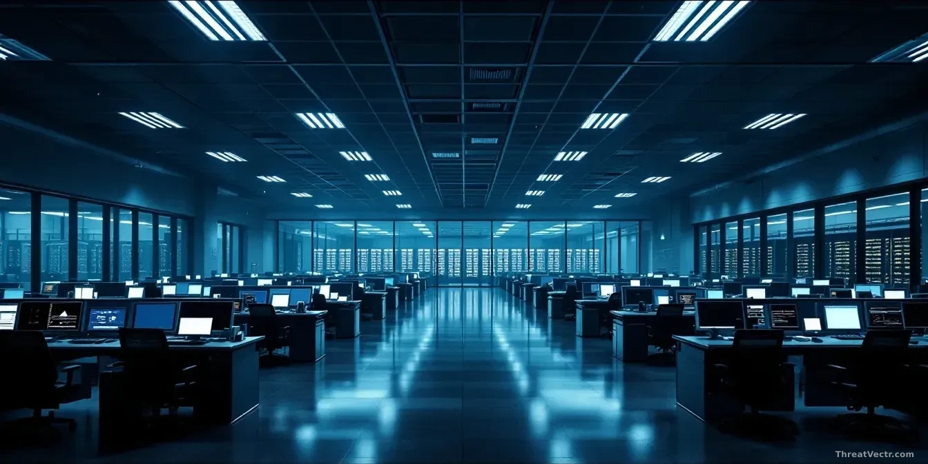 A vast, empty government operations floor at night, rows of dark workstations faintly illuminated by the glow of inactive monitors, a long corridor of server ra