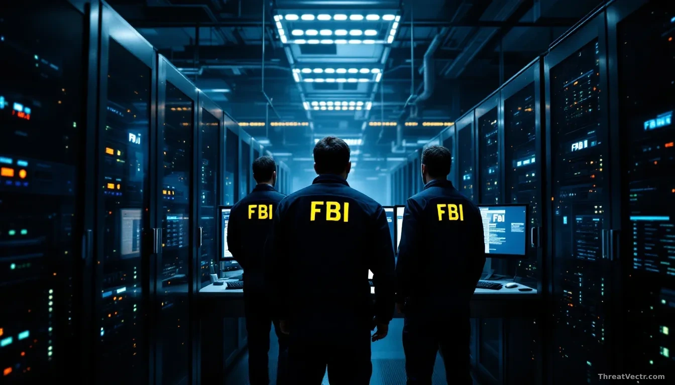 A dramatic scene of FBI agents in a server room, with racks of servers and computer screens displaying FBI seizure notices, representing a cyber operation taked