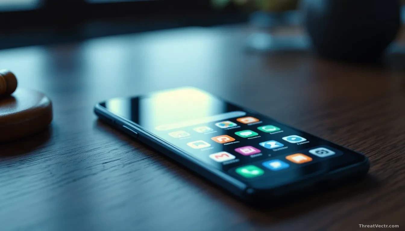 Full-frame edge-to-edge photoreal news-editorial image of an unbranded modern smartphone lying face up on a polished dark wooden desk, screen showing a generic