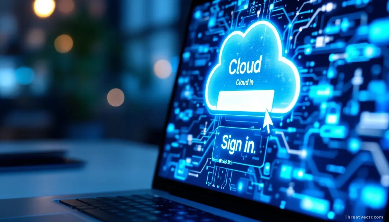 Photoreal editorial close-up of a laptop screen showing a generic blurred cloud sign-in prompt, a translucent glowing link being dragged across the screen by a
