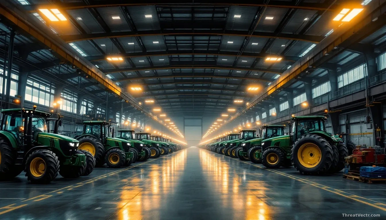 Photoreal editorial photograph of a large empty industrial tractor assembly hall at dusk, warm overhead lights on green paint bays, no visible logos or text, wi