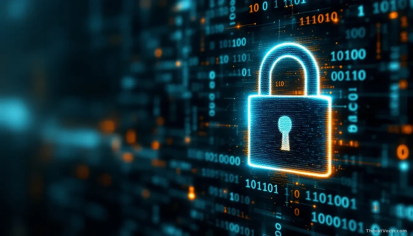 A digital landscape showing a lock symbol over a background of binary code, symbolizing ransomware attacks