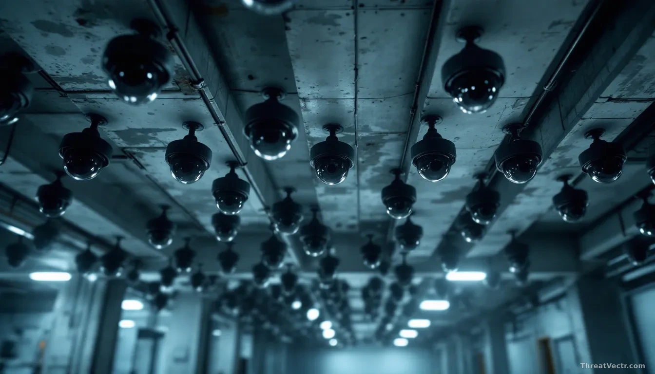 A wall of modern black dome security cameras mounted on a concrete ceiling in a large, dimly lit industrial space, shot from a low angle looking upward, cool bl