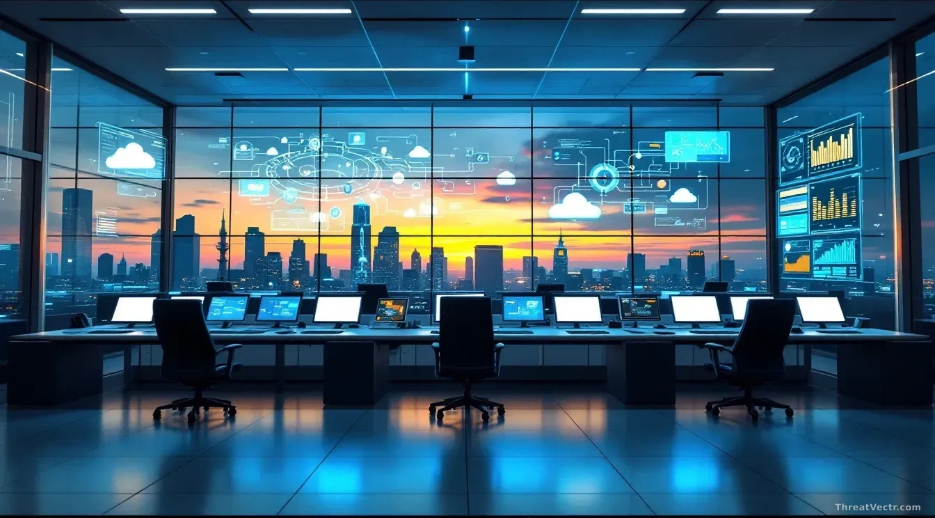 Photoreal news-editorial image of a modern government-style network operations centre at dusk, glowing screens showing abstract network diagrams and cloud conne