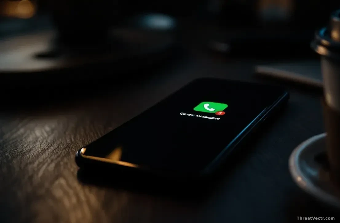 A close-up photoreal shot of a smartphone screen at night showing a generic green messaging app icon with a red notification badge, sitting on a dark wooden des