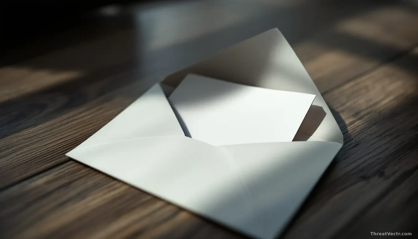 A plain official-looking envelope resting on a wooden desk, partially open, with a single folded letter visible inside