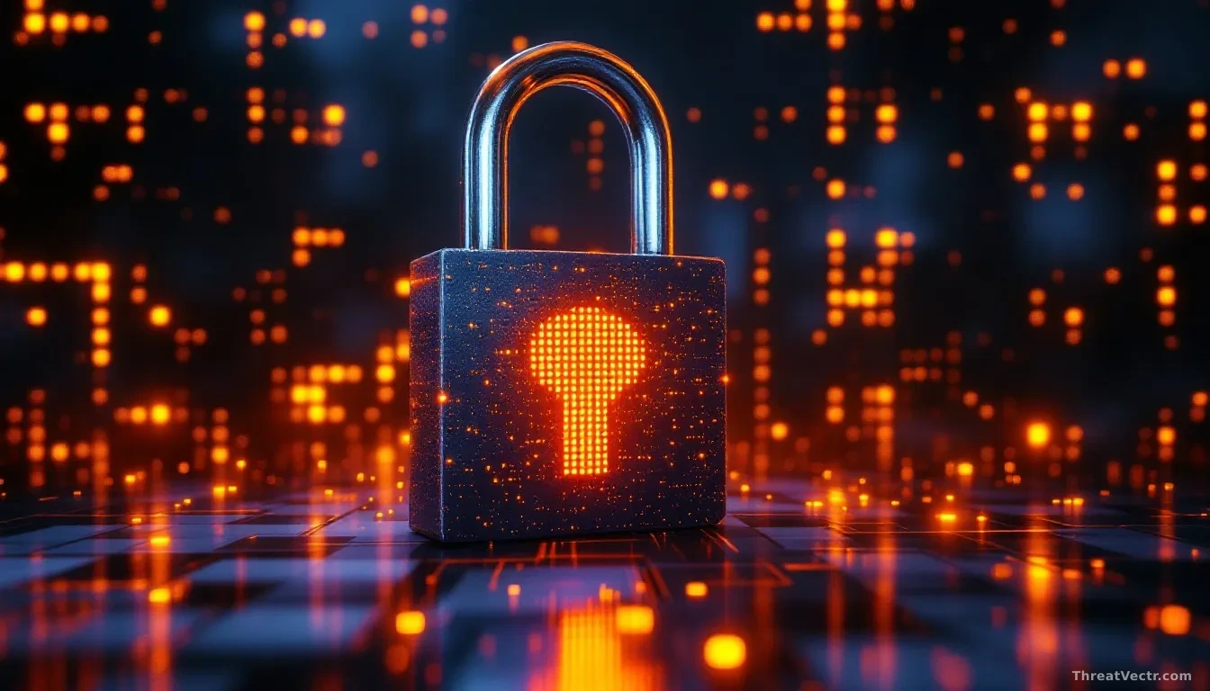 A digital representation of a firewall with a menacing shadow of a lock looming over it, symbolizing the threat of ransomware