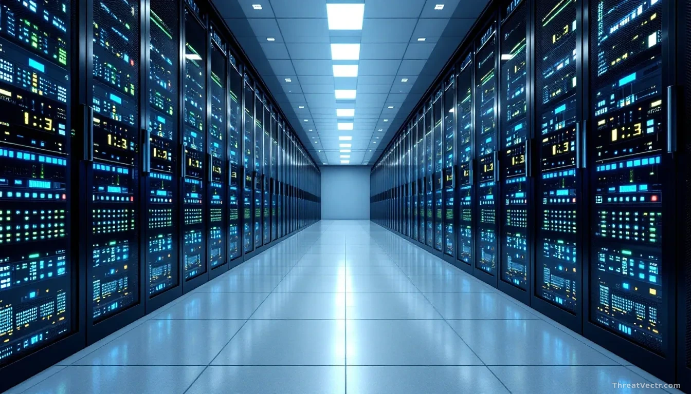 A large, modern data center with rows of servers, blue and green LED indicators, and a focus on security measures