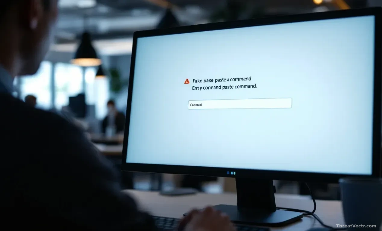 A computer screen displaying a fake error message with a prompt to paste a command, in an office environment