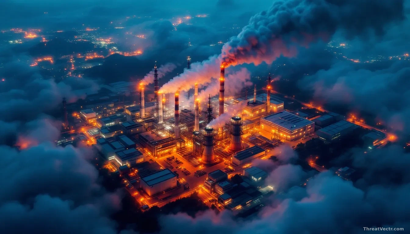 Aerial view of a Southeast Asian power plant at night, with a cybersecurity threat theme