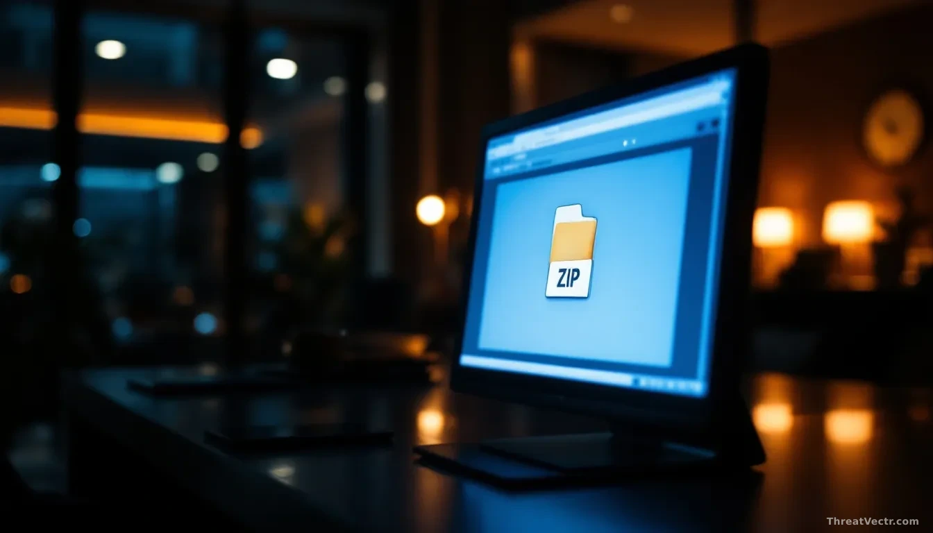 16:9 editorial photograph, full-frame edge-to-edge, of a hotel front-desk computer monitor glowing in a dimly lit reception area at night, the screen displaying