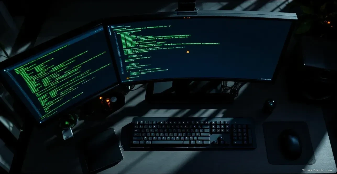 Photoreal news-editorial photograph, 16:9 framing, top-down overhead view of a modern developer workstation with a dark mechanical keyboard and a large monitor 