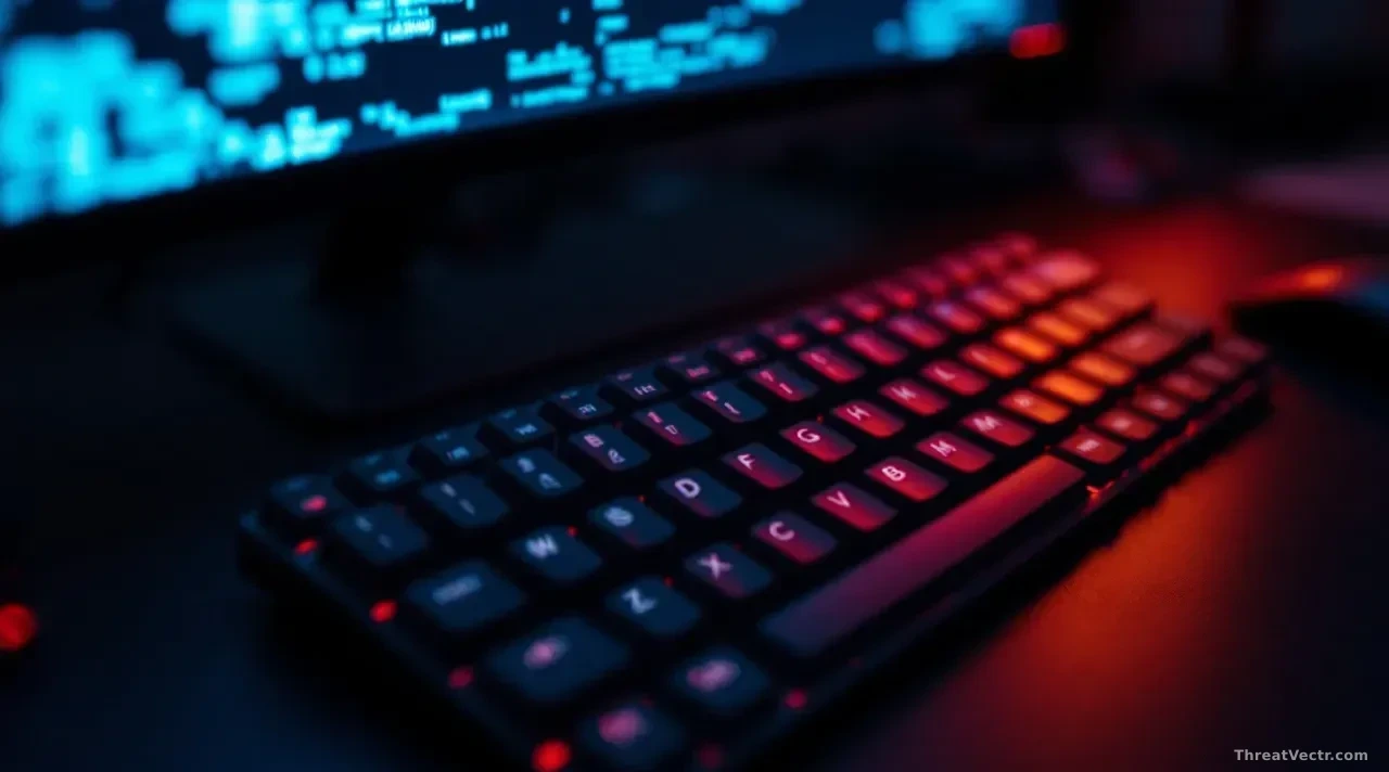 A close-up top-down view of a mechanical keyboard on a dark desk, its keys softly lit by the cool blue glow of a monitor displaying abstract cascading lines of