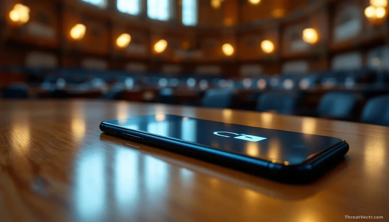 Full-frame photoreal editorial image of a modern smartphone lying face-up on a polished wooden desk inside a European parliamentary chamber, soft blue and gold
