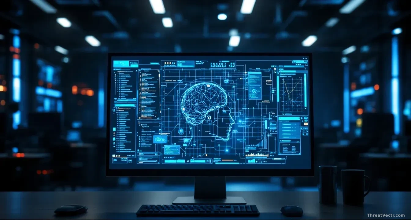 An advanced computer screen displaying a complex AI algorithm in a darkened cybersecurity operations center