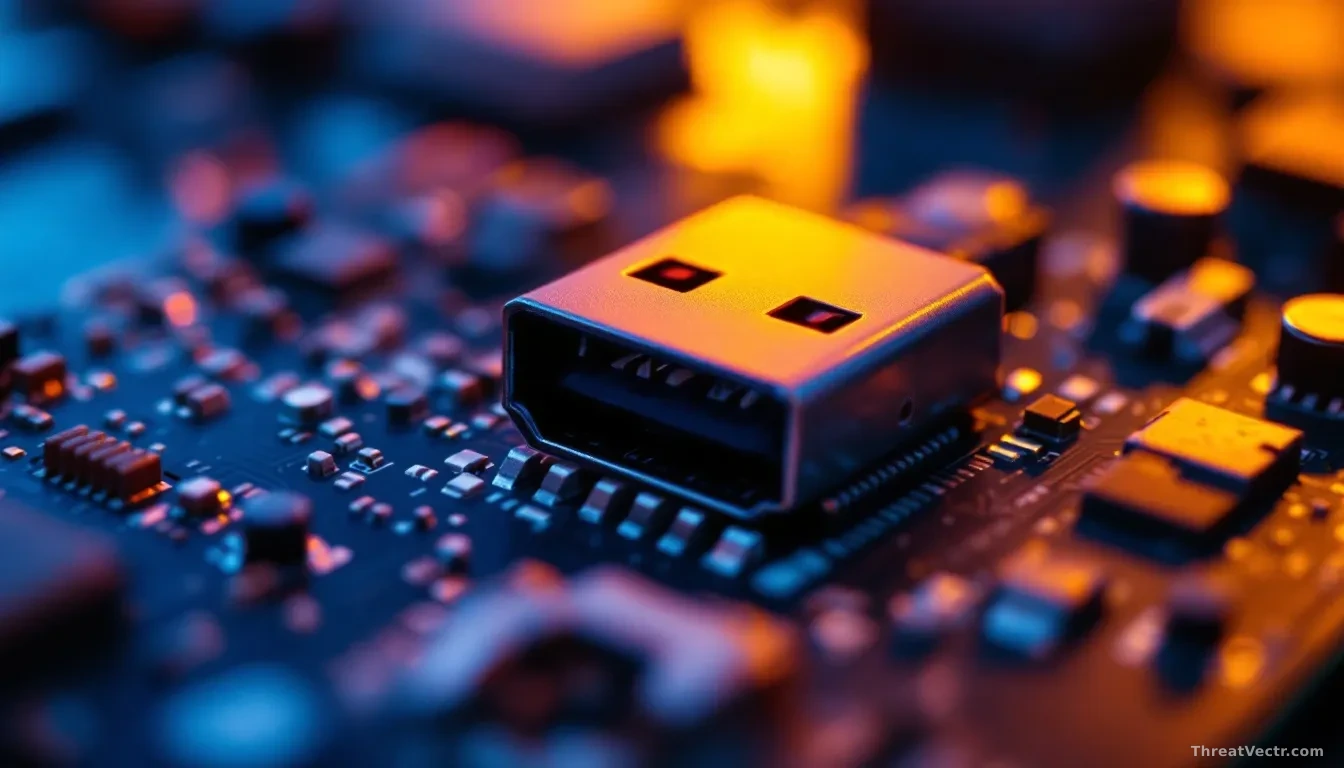 Full-frame close-up, 16:9, of a small circuit board with a USB stick partially inserted, warm amber and cool blue lighting, shallow depth of field, faint solder
