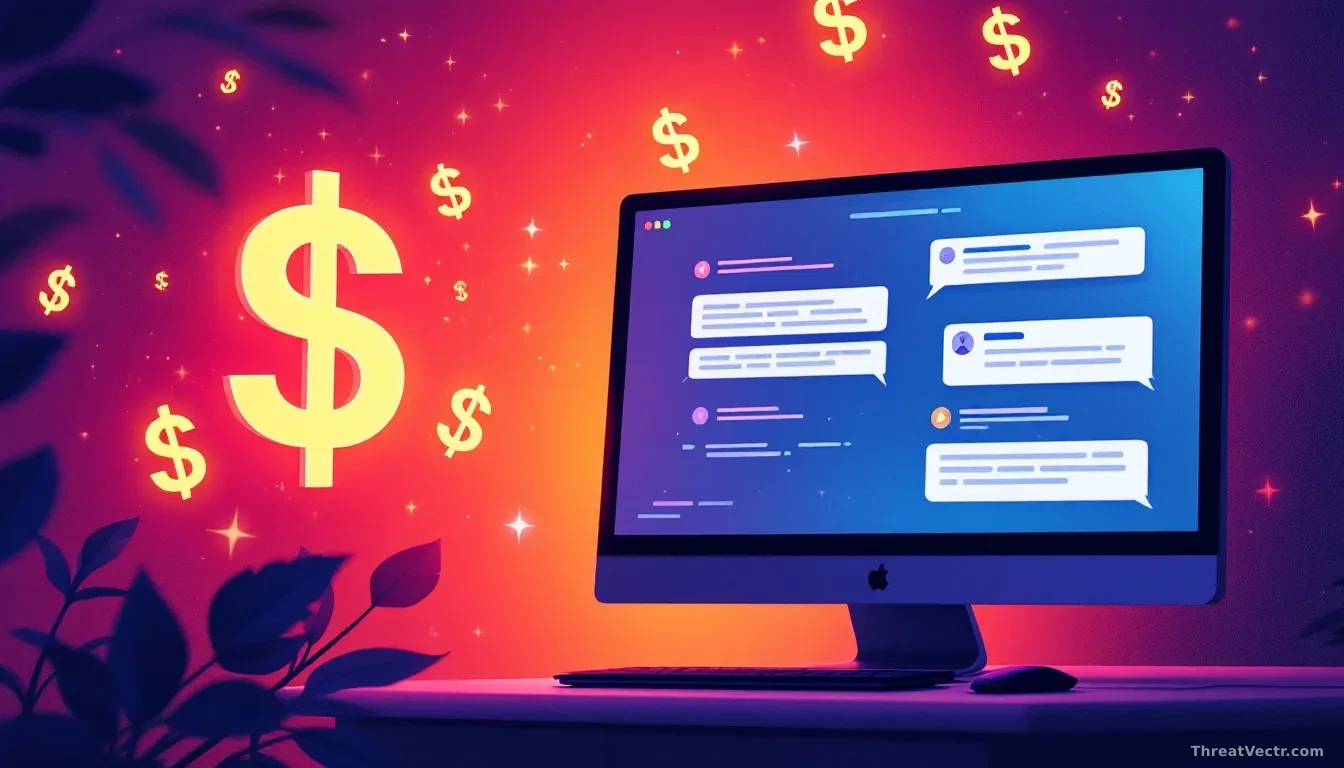 A digital illustration of AI technology being misused for scams, with dollar signs and a computer screen showing fake messages