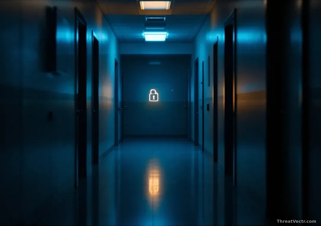 Full-frame edge-to-edge photoreal news-editorial image of a dimly lit government office corridor at night, a single glowing monitor visible through a half-open