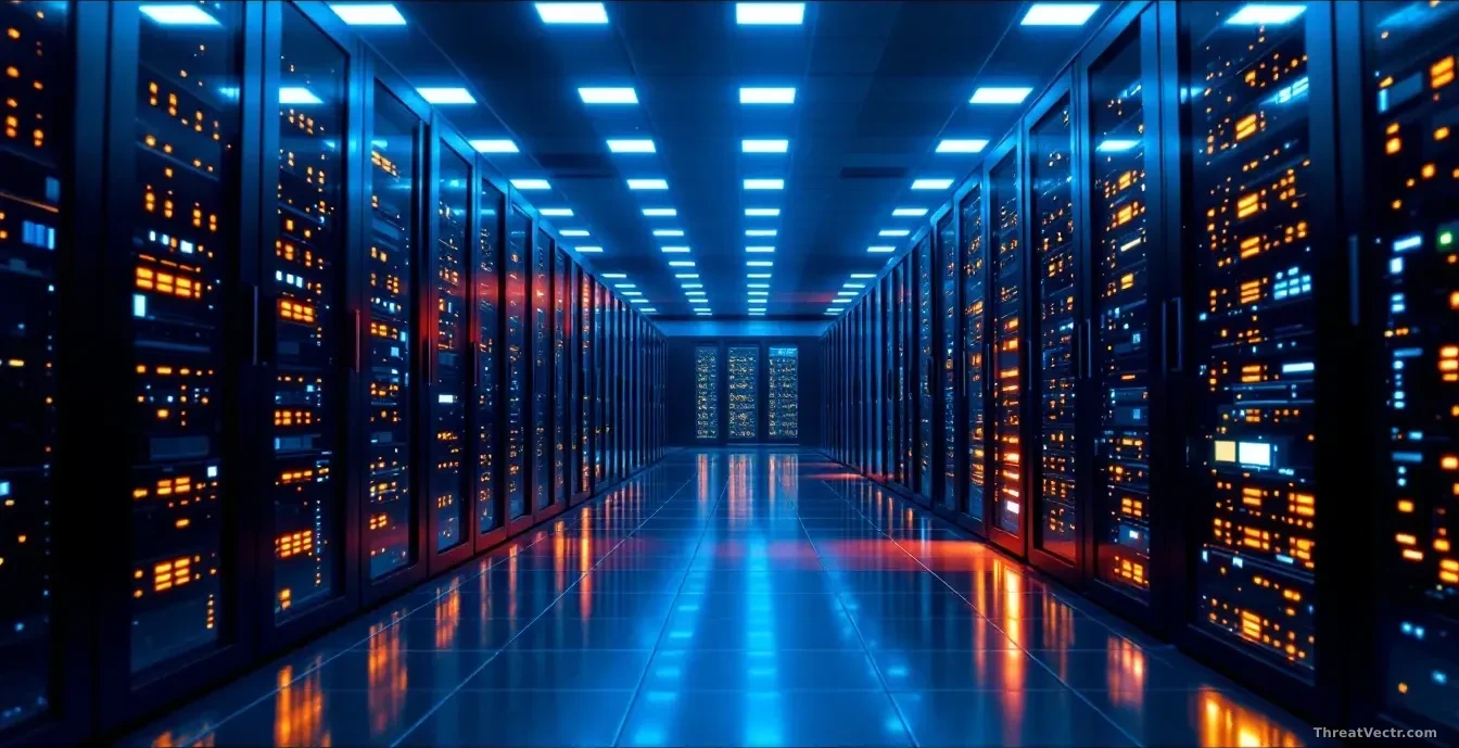 Photoreal news-editorial 16:9 image of a large corporate server room at night, rows of blinking rack-mounted servers casting blue and orange light across a poli