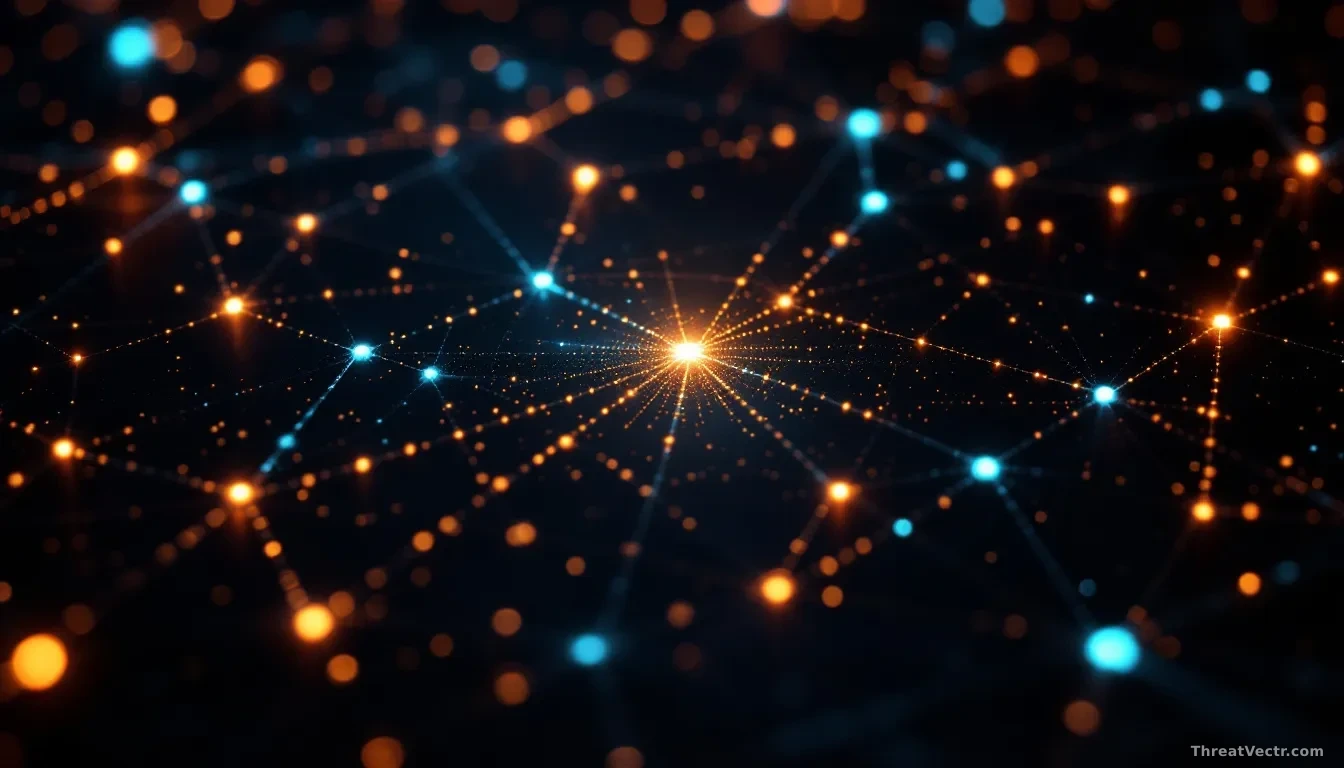 Close-up top-down view of a glowing digital web of interconnected nodes on a dark surface, with one node subtly emitting a hidden pulse of light in a different