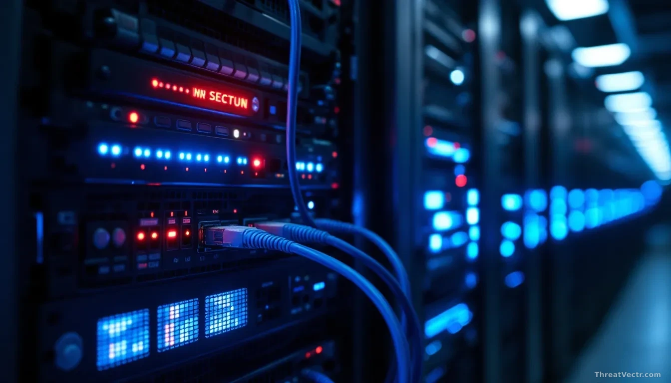 Full-frame photoreal editorial image of a dimly lit server rack in a corporate data centre, one server bay glowing with a warning-red status LED while others sh